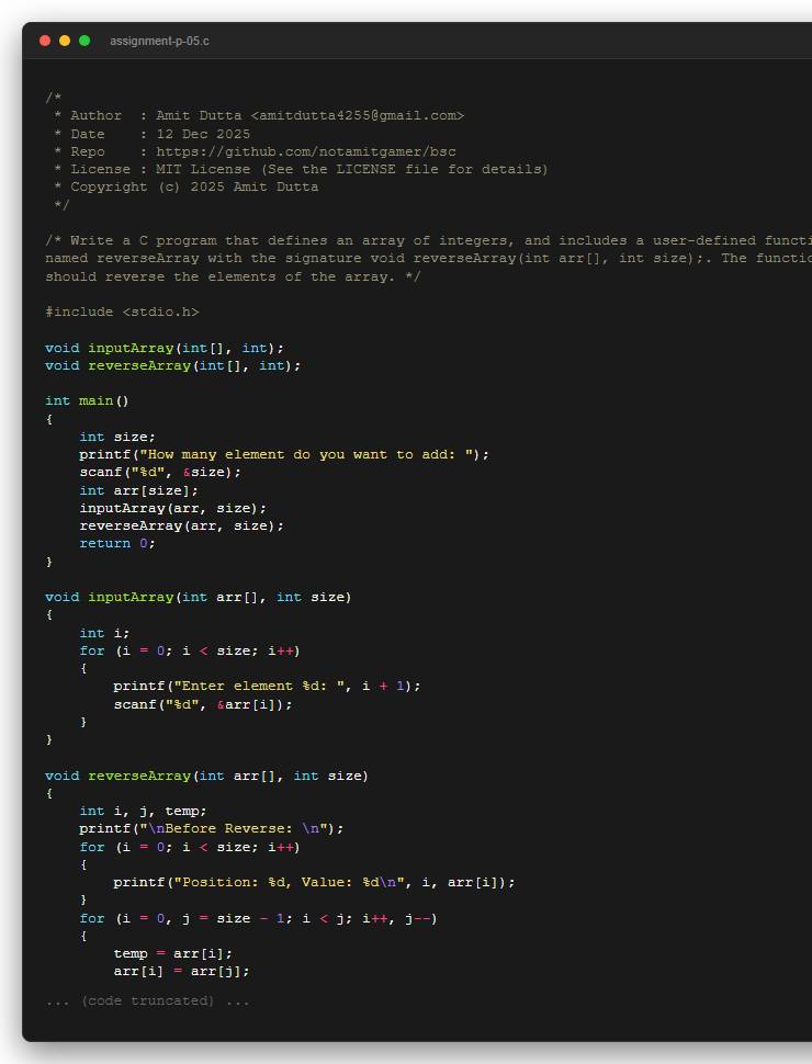Write a C program that defines an array of integers, and includes a user-defined function named reverseArray with the signature void reverseArray(int arr[], int size);. The function should reverse the elements of the array.